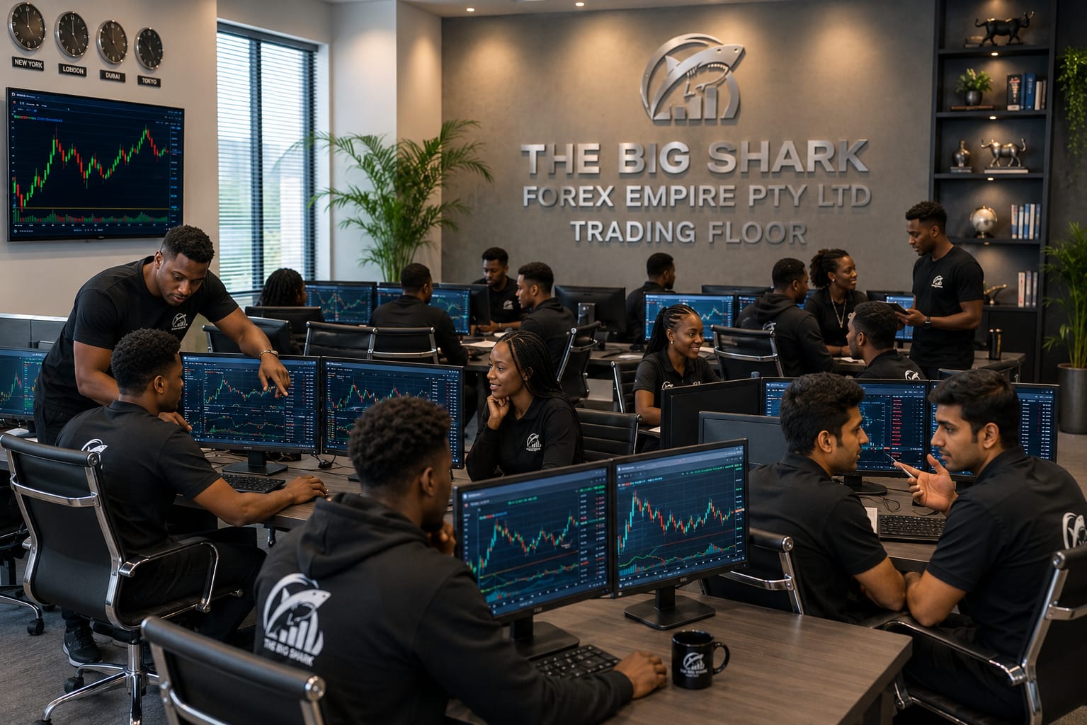 The Big Shark Forex Empire trading floor with analysts working at multi-monitor stations
